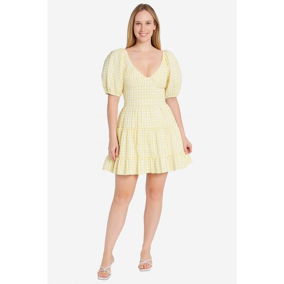 And Now This Tiered Puff-Sleeve‎ Mini Dress Yellow Gingham Size S - Picture 1 of 4